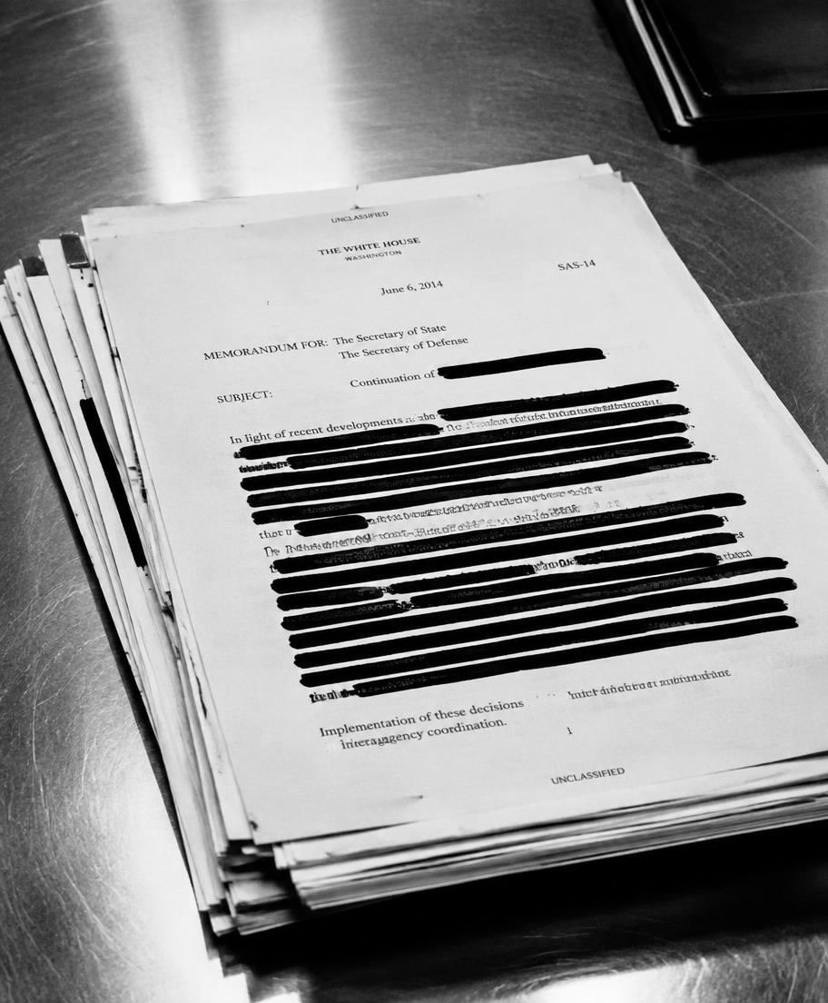 Stack of redacted government paper records on a steel desk